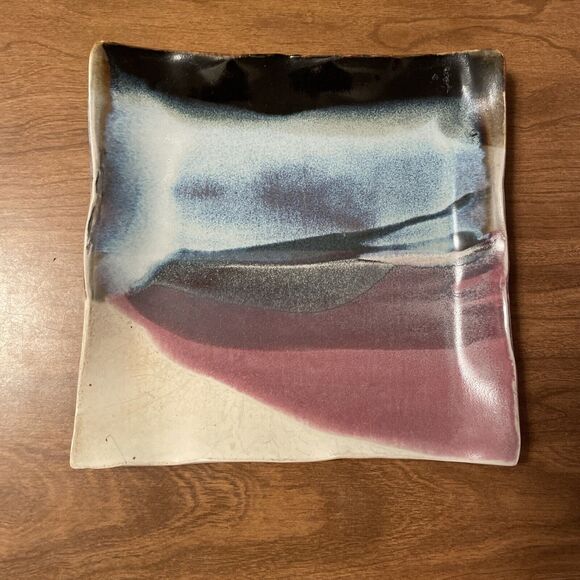 Signed Walton ‘95  Wavy Square Abstract Trinket Tray Nut Dish Sunset Colors - Picture 1 of 7